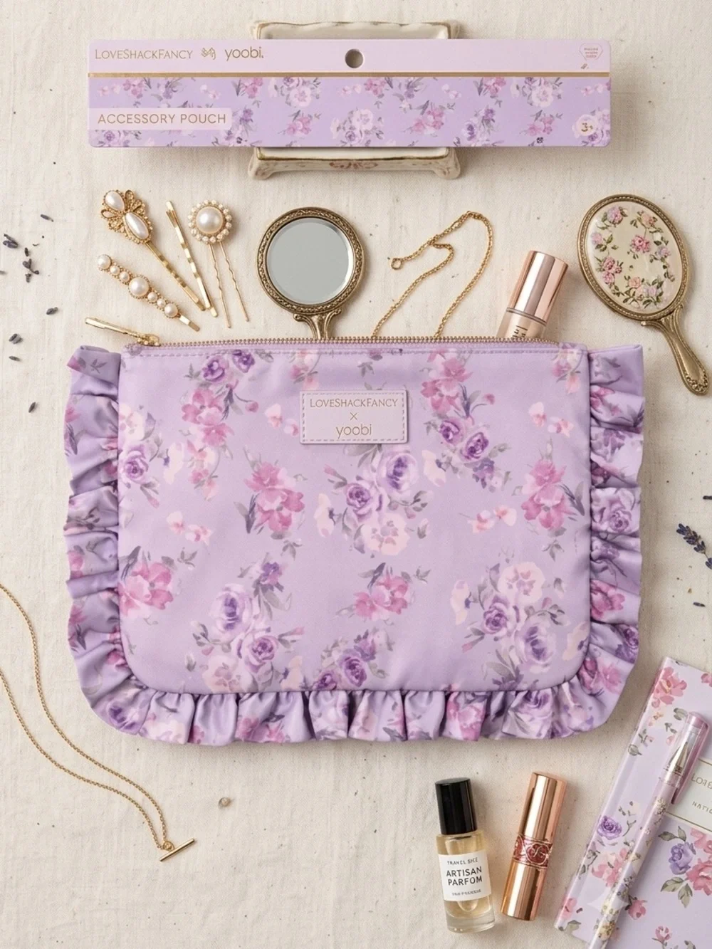 LoveShackFancy Lavender Floral Ruffle Accessory Pouch notebook girls gift